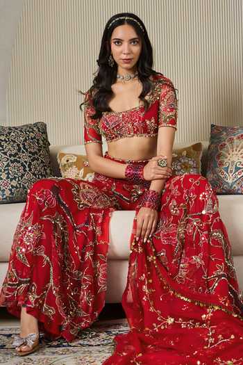 Buy Mahima Mahajan Red Silk Organza, Silk, Velvet Square Neck Munira Embroidered Sharara Set Buy_Mahima Mahajan_Red Silk Organza, Silk, Velvet Square Neck Munira Embroidered Sharara Set
