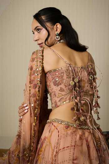 Mahima Mahajan_Pink Silk Organza Sweetheart Neck Rani Floral Print Lehenga Set _Online_at_Aza_Fashions