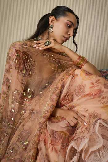 Buy_Mahima Mahajan_Pink Silk Organza Sweetheart Neck Rani Floral Print Lehenga Set _Online_at_Aza_Fashions