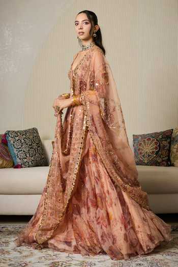Shop_Mahima Mahajan_Pink Silk Organza Sweetheart Neck Rani Floral Print Lehenga Set _Online_at_Aza_Fashions