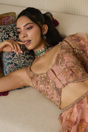 Mahima Mahajan_Pink Silk Organza Sweetheart Neck Rani Floral Print Lehenga Set _at_Aza_Fashions