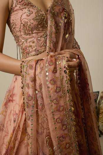 Buy_Mahima Mahajan_Pink Silk Organza Sweetheart Neck Rani Floral Print Lehenga Set 