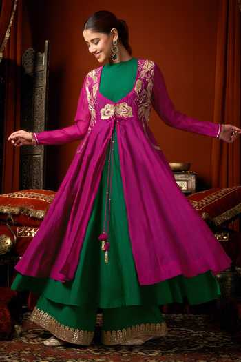 Buy_Arje India_Green Silk, Cotton, Chanderi Round Neck, Scoop Embroidered Jacket And Kurta Set _Online_at_Aza_Fashions