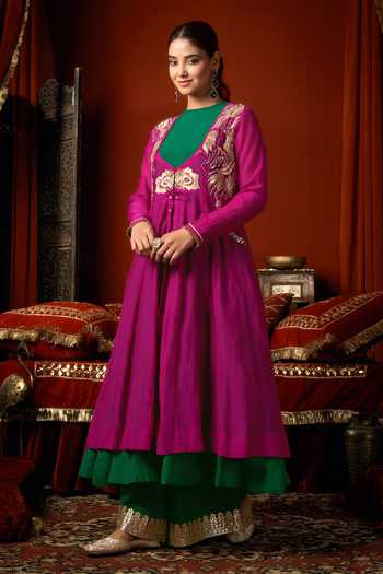 Shop_Arje India_Green Silk, Cotton, Chanderi Round Neck, Scoop Embroidered Jacket And Kurta Set _Online_at_Aza_Fashions
