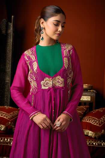 Arje India_Green Silk, Cotton, Chanderi Round Neck, Scoop Embroidered Jacket And Kurta Set _at_Aza_Fashions