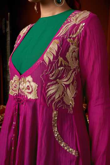 Buy_Arje India_Green Silk, Cotton, Chanderi Round Neck, Scoop Embroidered Jacket And Kurta Set 