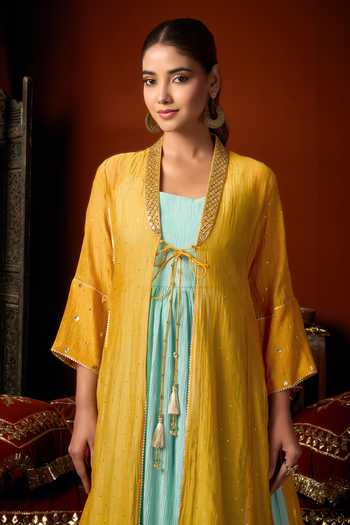 Arje India_Sky Blue Silk, Cotton, Chanderi Square Neck, Embroidered Jacket And Kurta Set _Online_at_Aza_Fashions