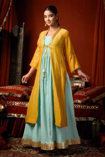 Buy_Arje India_Sky Blue Silk, Cotton, Chanderi Square Neck, Embroidered Jacket And Kurta Set _Online_at_Aza_Fashions
