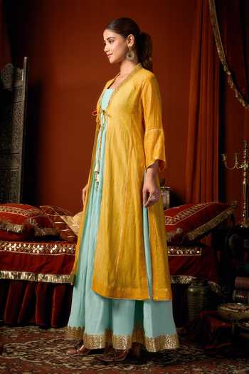 Shop_Arje India_Sky Blue Silk, Cotton, Chanderi Square Neck, Embroidered Jacket And Kurta Set _Online_at_Aza_Fashions
