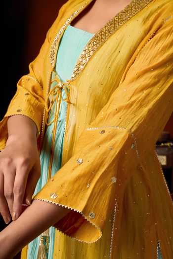 Arje India_Sky Blue Silk, Cotton, Chanderi Square Neck, Embroidered Jacket And Kurta Set _at_Aza_Fashions