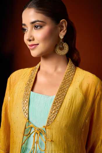 Buy_Arje India_Sky Blue Silk, Cotton, Chanderi Square Neck, Embroidered Jacket And Kurta Set 