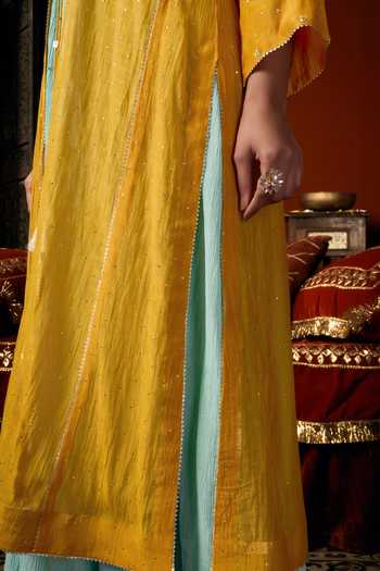Shop_Arje India_Sky Blue Silk, Cotton, Chanderi Square Neck, Embroidered Jacket And Kurta Set 