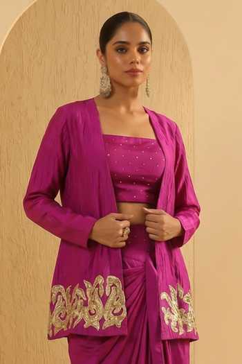 Arje India_Magenta Silk, Cotton, Chanderi Square Border Embroidered Jacket Draped Skirt Set _Online_at_Aza_Fashions