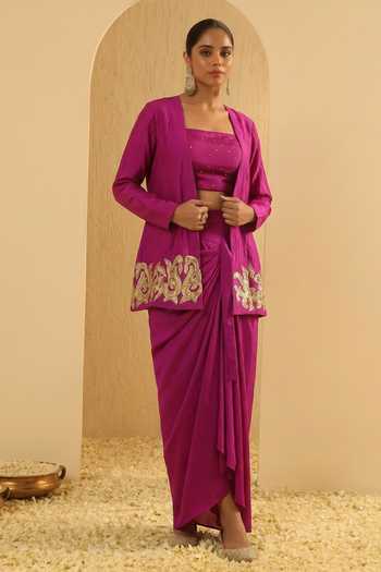 Arje India Border Embroidered Jacket Draped Skirt Set 