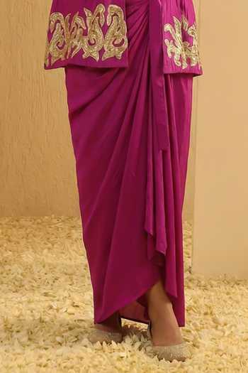 Buy_Arje India_Magenta Silk, Cotton, Chanderi Square Border Embroidered Jacket Draped Skirt Set _Online_at_Aza_Fashions