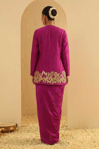 Arje India Border Embroidered Jacket Draped Skirt Set 