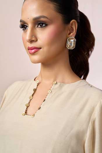 Arje India_Beige Silk, Cotton Split V-neck Handwork Kurta And Salwar Set _Online_at_Aza_Fashions
