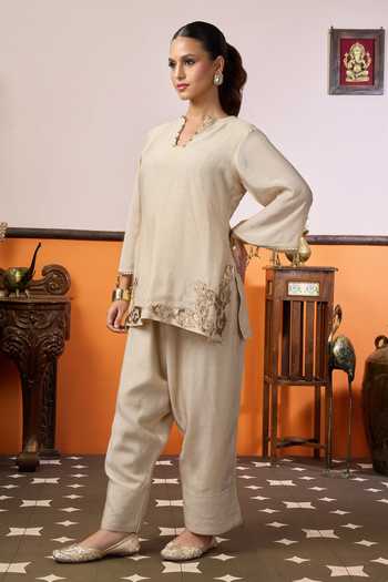 Buy_Arje India_Beige Silk, Cotton Split V-neck Handwork Kurta And Salwar Set _Online_at_Aza_Fashions