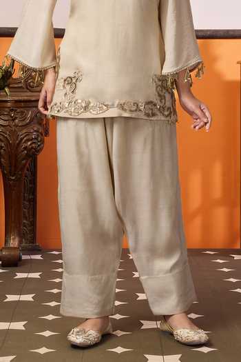 Shop_Arje India_Beige Silk, Cotton Split V-neck Handwork Kurta And Salwar Set _Online_at_Aza_Fashions