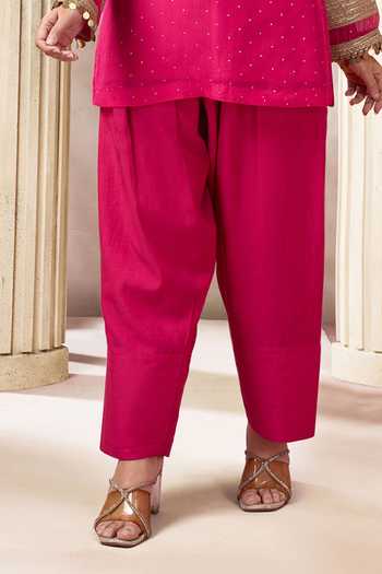 Arje India_Fuchsia Silk, Cotton Round Neck Kurta And Salwar Set _Online_at_Aza_Fashions