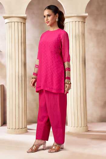 Buy_Arje India_Fuchsia Silk, Cotton Round Neck Kurta And Salwar Set _Online_at_Aza_Fashions