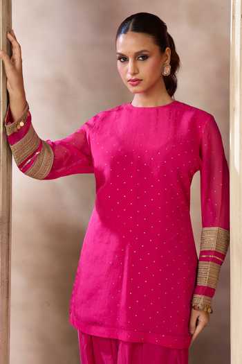 Shop_Arje India_Fuchsia Silk, Cotton Round Neck Kurta And Salwar Set _Online_at_Aza_Fashions