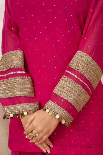 Buy_Arje India_Fuchsia Silk, Cotton Round Neck Kurta And Salwar Set 