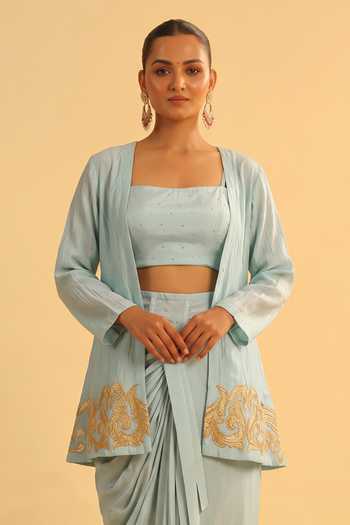Arje India Sky Blue Silk, Cotton, Chanderi Square Neck, Open Border Embroidered Jacket Set Online at Aza Fashions Arje India_Sky Blue Silk, Cotton, Chanderi Square Neck, Open Border Embroidered Jacket Set _Online_at_Aza_Fashions