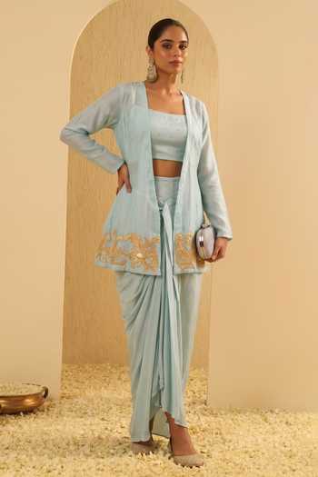 Buy Arje India Sky Blue Silk, Cotton, Chanderi Square Neck, Open Border Embroidered Jacket Set Online at Aza Fashions Buy_Arje India_Sky Blue Silk, Cotton, Chanderi Square Neck, Open Border Embroidered Jacket Set _Online_at_Aza_Fashions