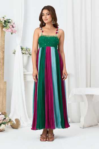 Arje India Green Silk, Cotton Square Neck Handwork Gathered Pleated Dress Online at Aza Fashions Arje India_Green Silk, Cotton Square Neck Handwork Gathered Pleated Dress _Online_at_Aza_Fashions