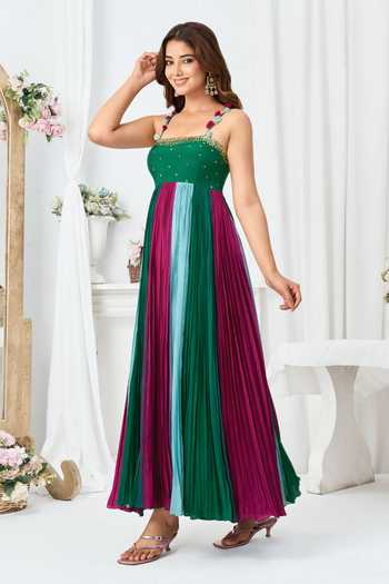 Buy Arje India Green Silk, Cotton Square Neck Handwork Gathered Pleated Dress Online at Aza Fashions Buy_Arje India_Green Silk, Cotton Square Neck Handwork Gathered Pleated Dress _Online_at_Aza_Fashions