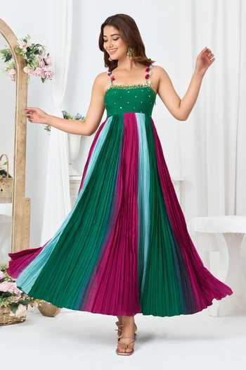 Shop Arje India Green Silk, Cotton Square Neck Handwork Gathered Pleated Dress Online at Aza Fashions Shop_Arje India_Green Silk, Cotton Square Neck Handwork Gathered Pleated Dress _Online_at_Aza_Fashions