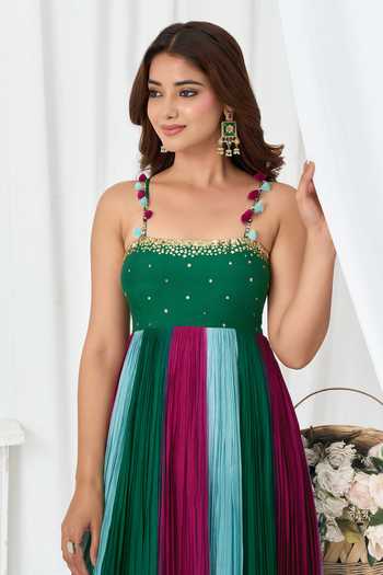 Arje India Green Silk, Cotton Square Neck Handwork Gathered Pleated Dress at Aza Fashions Arje India_Green Silk, Cotton Square Neck Handwork Gathered Pleated Dress _at_Aza_Fashions