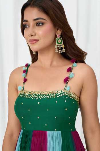Buy Arje India Green Silk, Cotton Square Neck Handwork Gathered Pleated Dress Buy_Arje India_Green Silk, Cotton Square Neck Handwork Gathered Pleated Dress