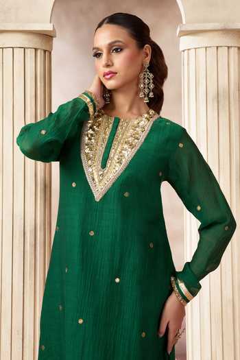 Shop_Arje India_Green Chanderi Silk Round Neck Kurta _Online_at_Aza_Fashions