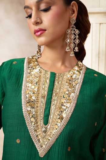 Shop_Arje India_Green Chanderi Silk Round Neck Kurta 