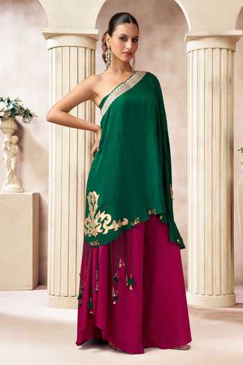 Arje India_Green Silk, Cotton Sequins, Beads, Tassels One Shoulder Top Palazzo Set _Online_at_Aza_Fashions