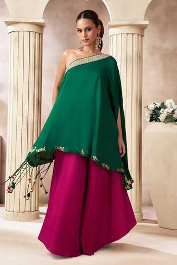 Buy_Arje India_Green Silk, Cotton Sequins, Beads, Tassels One Shoulder Top Palazzo Set _Online_at_Aza_Fashions