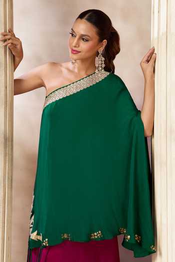 Shop_Arje India_Green Silk, Cotton Sequins, Beads, Tassels One Shoulder Top Palazzo Set _Online_at_Aza_Fashions