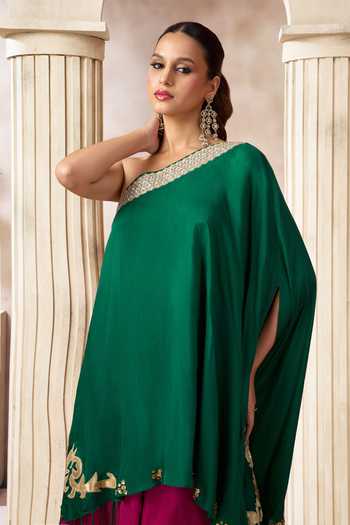 Arje India_Green Silk, Cotton Sequins, Beads, Tassels One Shoulder Top Palazzo Set _at_Aza_Fashions