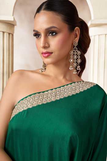 Buy_Arje India_Green Silk, Cotton Sequins, Beads, Tassels One Shoulder Top Palazzo Set 