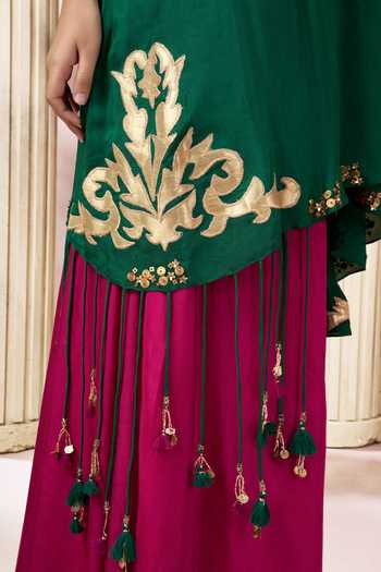 Shop_Arje India_Green Silk, Cotton Sequins, Beads, Tassels One Shoulder Top Palazzo Set 