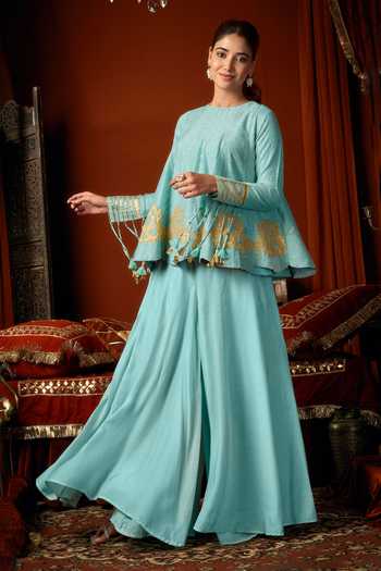 Arje India_Sky Blue Silk, Cotton Round Neck Top And Palazzo Set _Online_at_Aza_Fashions