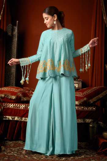 Buy_Arje India_Sky Blue Silk, Cotton Round Neck Top And Palazzo Set _Online_at_Aza_Fashions