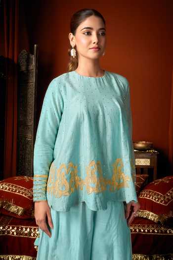 Shop_Arje India_Sky Blue Silk, Cotton Round Neck Top And Palazzo Set _Online_at_Aza_Fashions