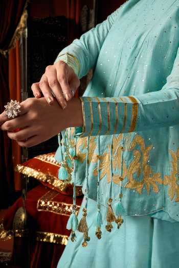 Arje India_Sky Blue Silk, Cotton Round Neck Top And Palazzo Set _at_Aza_Fashions