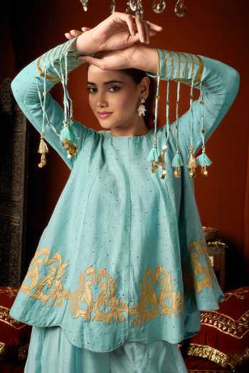 Buy_Arje India_Sky Blue Silk, Cotton Round Neck Top And Palazzo Set 