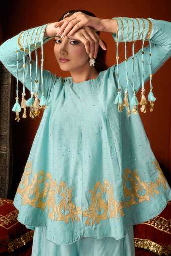 Shop_Arje India_Sky Blue Silk, Cotton Round Neck Top And Palazzo Set 