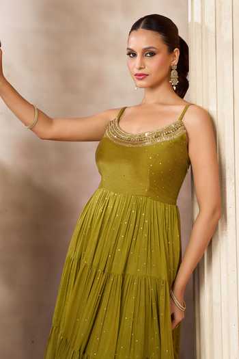 Arje India_Olive Green Silk, Cotton Scoop Neck Mukesh Multi Layered Maxi Dress _Online_at_Aza_Fashions