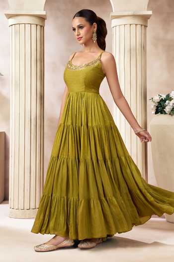 Buy_Arje India_Olive Green Silk, Cotton Scoop Neck Mukesh Multi Layered Maxi Dress _Online_at_Aza_Fashions